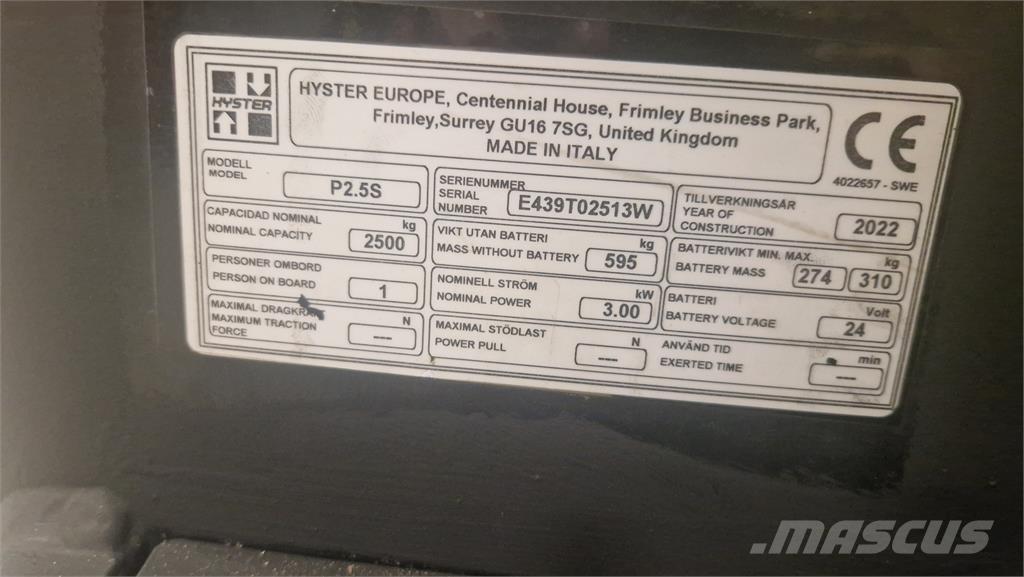 Hyster P2.5S Ручные штабелёры с электроподъёмом