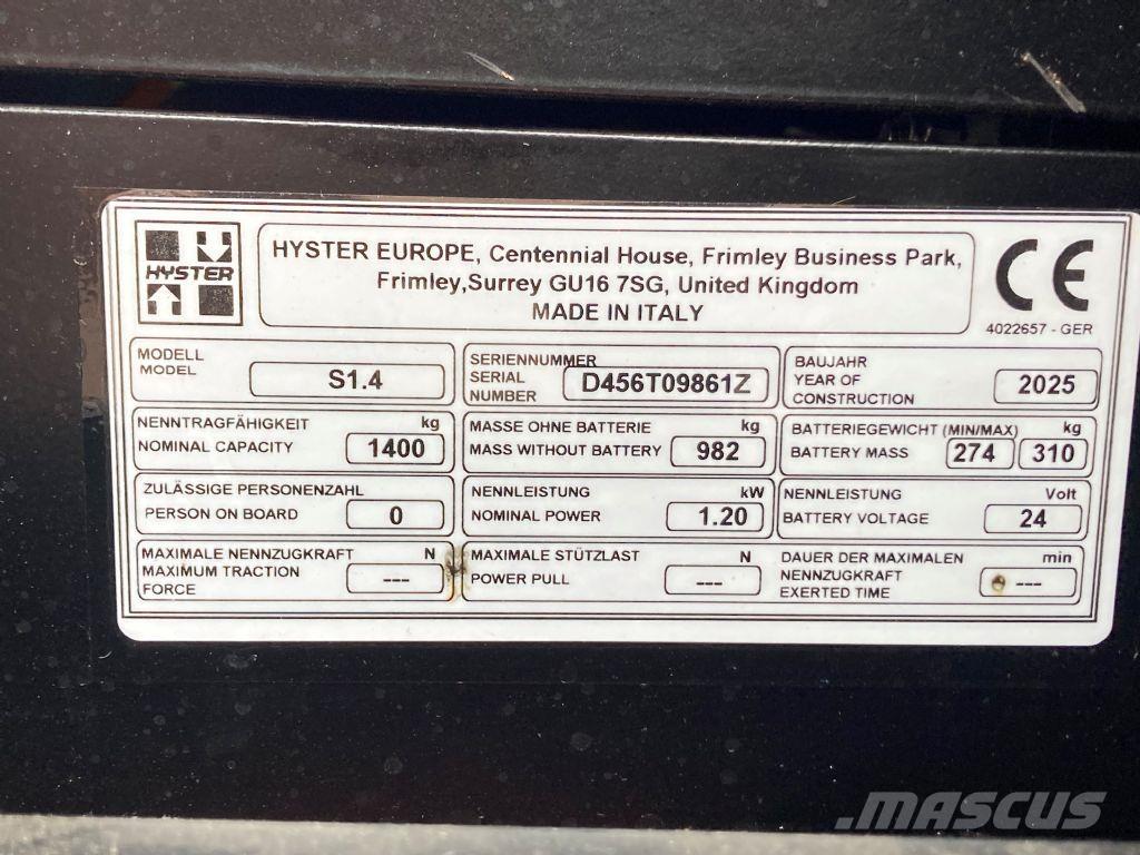 Hyster S 1.4 Ручные штабелёры с электроподъёмом