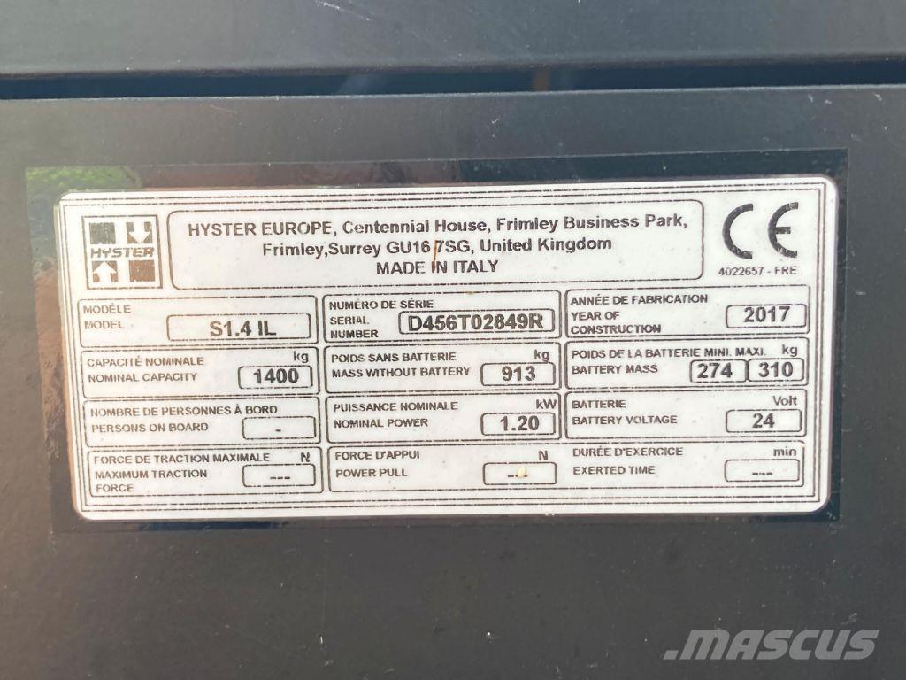 Hyster S 1.4 IL Ручные штабелёры с электроподъёмом