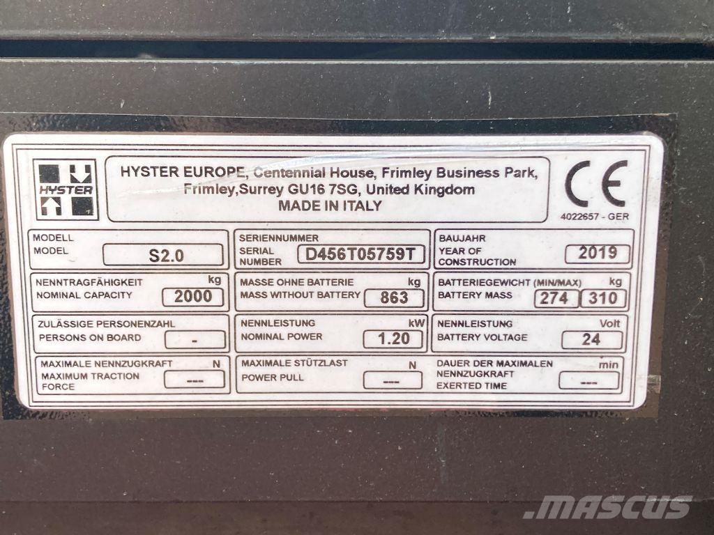Hyster S 2.0 Ручные штабелёры с электроподъёмом