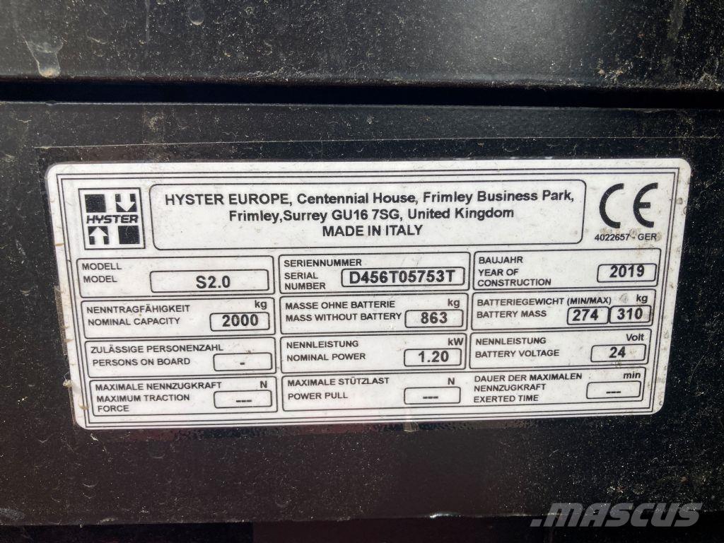 Hyster S 2.0 Ручные штабелёры с электроподъёмом