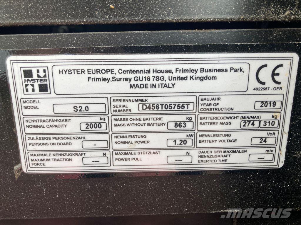 Hyster S 2.0 Ручные штабелёры с электроподъёмом