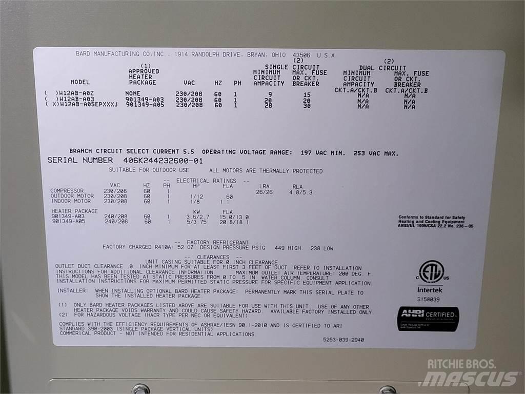 BARD W12AB-A05EPXXXJ Оборудование для прогрева и размораживания